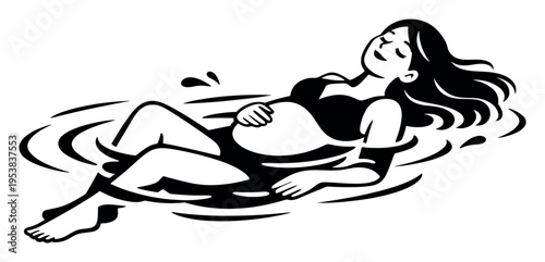 Pregnant woman floating in water, hand on her baby bump, closing eyes and smiling, finding peace and tranquility