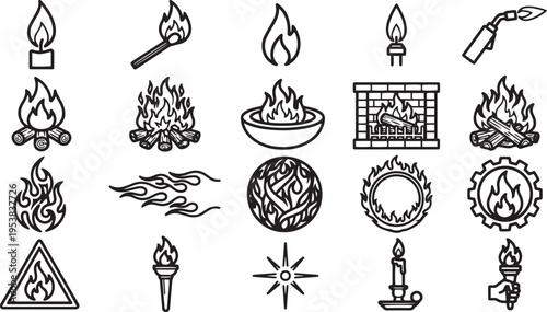 Collection of fire icons, from simple candle flames to intricate bonfires, a diverse array of stylized fire graphics, creating a visual symphony of flame. 