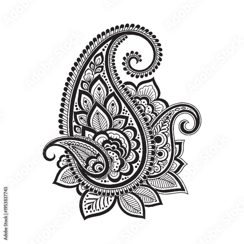 Seamless paisley floral ornament inspired by henna tattoo design with elegant vintage decorative swirls