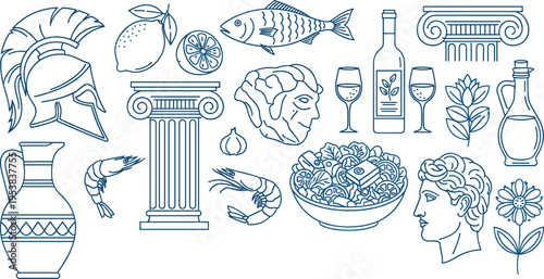 Ancient Greek Culture Icon Set with Helmet Column Statue Wine Amphora Fish Olive and Mediterranean Food Line Vector Illustration