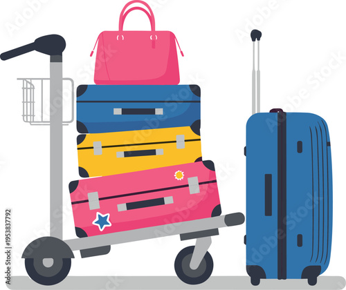 Airport Luggage Cart with Travel Suitcases and Bags Transportation Baggage Vector Illustration