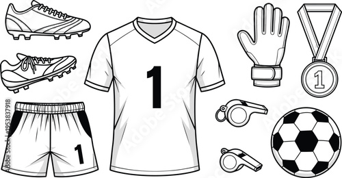 Soccer Equipment Collection Football Jersey Shorts Shoes Ball Whistle Medal Vector Illustration