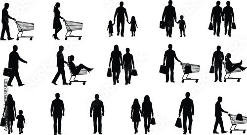 Shopping People Silhouettes Collection Family Customers with Cart Bags Vector Illustration
