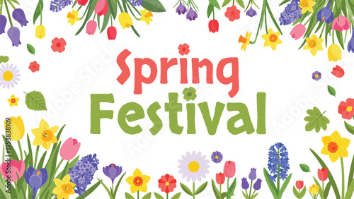 Flat vector illustration of spring flowers, separate flowers, leaves, color, simple cartoon style,themem cute