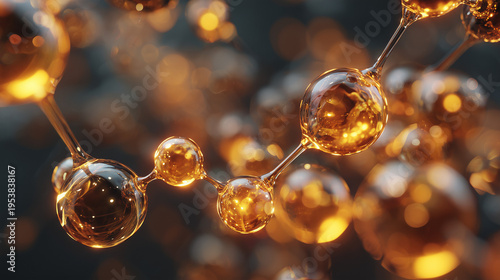 Glowing golden molecular structure with transparent spheres, futuristic scientific concept, abstract chemistry background with elegant lighting and depth.