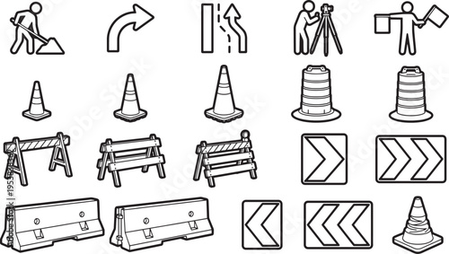 Road work icons showcasing a comprehensive collection of safety measures and guidance elements in the context of construction and road maintenance. 