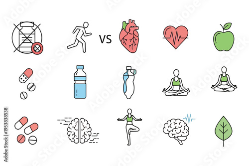 A collection of health and wellness icons depicting lifestyle choices versus medical intervention