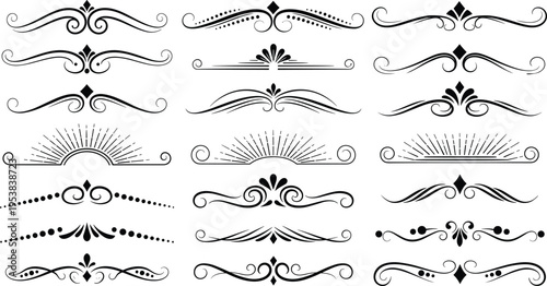 Collection of decorative ornamental flourishes and vintage motifs in black symmetrical designs, featuring swirls, leaves, diamonds, and Victorian embellishments for elegant graphic design artwork