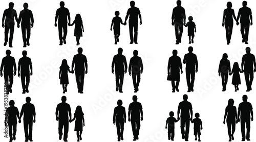 Collection of Family Silhouette Vector Illustration Set, Diverse Parents and Children Walking Together for Love Happiness Togetherness and Community Lifestyle Graphic Design Template