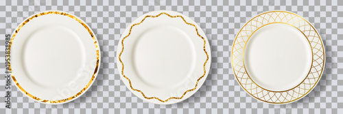 Plates with gold decor, elegant luxury tableware. Vector 3d realistic top view ceramic dish collection for menu design