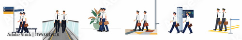 Flat Vector Illustrations of Professional Airline Pilots Walking Through an Airport Terminal and Using a Moving Walkway
