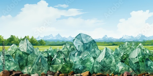A cluster of crystal formations shimmer in the sunlight, nestled amidst a grassy field with a mountain backdrop.