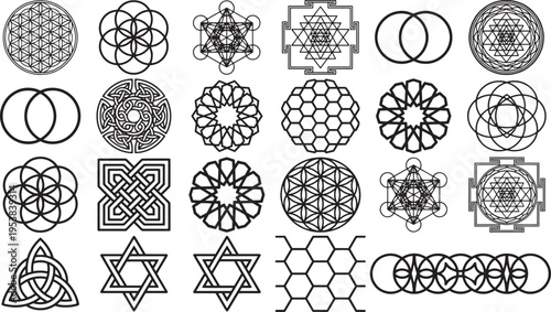 A collection of sacred geometric shapes in black and white arranged.