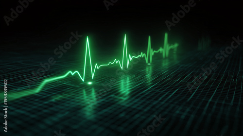 Minimalist medical monitor showing green ECG line on dark screen, clean digital interface for cardiology, healthcare, and emergency diagnostics.