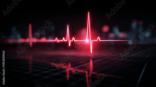 Minimalist medical heart monitor display featuring a glowing red ECG line on dark background, clean modern healthcare technology concept with digital pulse waveform.