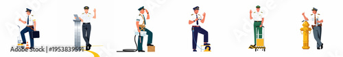 Collection of diverse airline pilot characters in uniform, performing various ground duties and gestures, flat vector illustration isolated on white background.