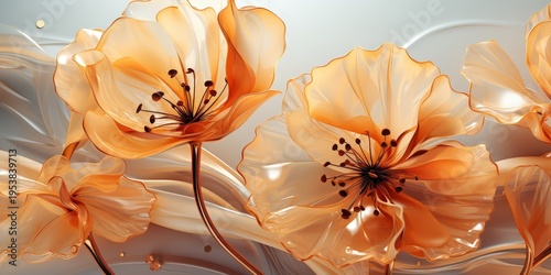 A delicate dance of translucent flowers on a flowing, silken surface, their petals shimmering with golden hues.