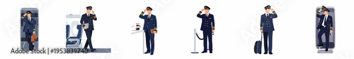 Collection of flat vector illustrations depicting airline pilots in uniform in different professional settings like the airport terminal, airplane cabin, and flight deck.
