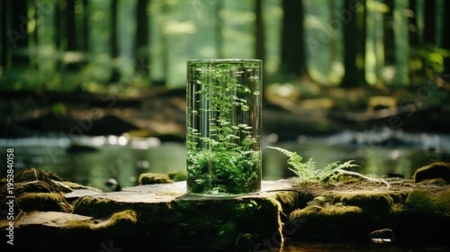 A Glass Cylinder Filled With Water And Plant Life Sits On Moss Covered Rocks Beside A Stream In A Forest