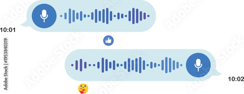 Voice messages. Speech bubbles, light background, texting, Hi, place your content, play button, playback speed, mail, delivered read online, sending time, reactions, emoticon, like, microphone, record