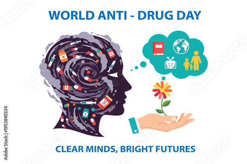 World anti-drug day poster showing a transition from addiction to a healthy and bright future