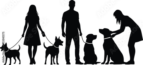 Silhouette of People Walking and Grooming Dogs