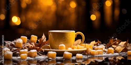 A cup of coffee sits nestled amongst sugared cubes and fallen leaves, creating a cozy and inviting winter scene.
