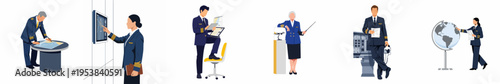 Flat vector illustrations of airline pilots in uniform performing various professional duties, including flight planning, navigation, training, and checking cockpit systems.