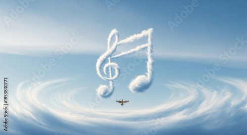 Musical notes formed by clouds in a serene blue sky with a bird flying below.