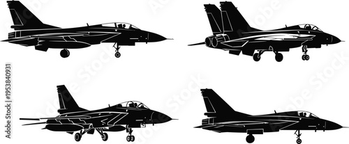 Collection of Fighter Jet Silhouette Vector Illustration Set, Modern Military Aircraft for Air Force Aviation Defense War Combat Flight and Aerospace Industry Graphic Design