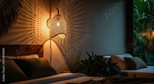 Warm evening light in a cozy tropical bedroom with a rattan wall lamp