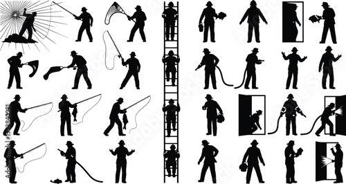 Collection of Firefighter and Fisherman Silhouette Vector Illustration Set, Emergency Rescue Service and Outdoor Fishing Hobby for Professional Safety and Lifestyle Graphic Design,