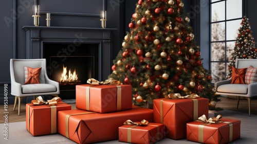 A cozy holiday living room featuring a beautifully decorated Christmas tree, a crackling fireplace, and a stack of wrapped presents waiting to be opened.