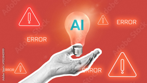 Hand holding light bulb with AI text and error signs on red background showing technology theme