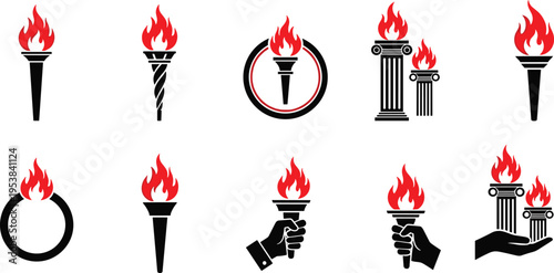 Collection of Flaming Torch and Ancient Column Icons Featuring Red Fire Flames and Black Silhouettes for Sports Awards Achievement Success and Historical Branding,