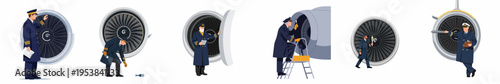 Set of vector illustrations featuring airline pilots and maintenance crew performing professional pre-flight inspections and safety checks on various aircraft jet engines.