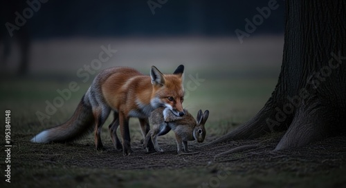 A red fox carrying a rabbit through a natural landscape.