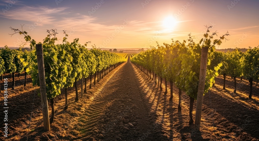 Fototapeta premium Golden hour illuminates rows of grapevines in a picturesque vineyard landscape.