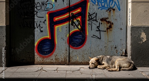 Sleeping street dog by colorful graffiti on a gritty urban door
