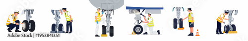 A collection of vector illustrations depicting male and female pilots performing thorough pre-flight inspections of aircraft landing gear for aviation safety.