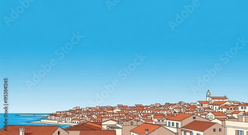 Picturesque coastal town illustration with red roofs under a clear blue sky