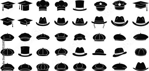 Collection of Forty Hat Silhouette Vector Illustration Set Featuring Graduation Caps Chef Hats Cowboy Hats Berets Fedoras and Police Caps for Professional Uniform Design,