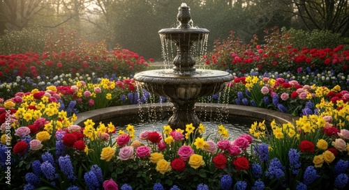 Ornate garden fountain surrounded by vibrant blooming flowers in a lush spring park.