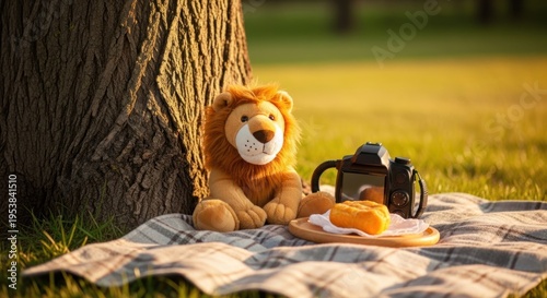 A cute plush lion enjoys a peaceful outdoor picnic at golden hour.