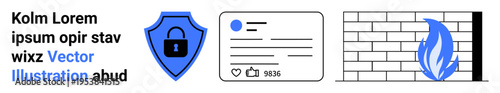 Cybersecurity, privacy protection, social media, online safety, data security, network defense. Shield with padlock, social media interface brick firewall and fire icon. Cybersecurity and privacy