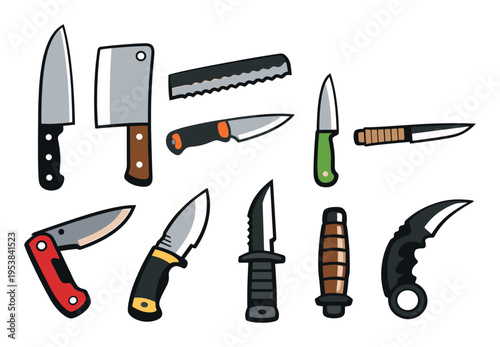 Cartoon collection of knives in different shapes and sizes, featuring kitchen, utility, hunting, and tactical blades