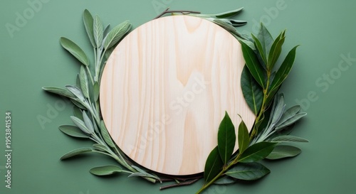 Empty Wooden Circle Frame with Fresh Green Leaves on Green Background