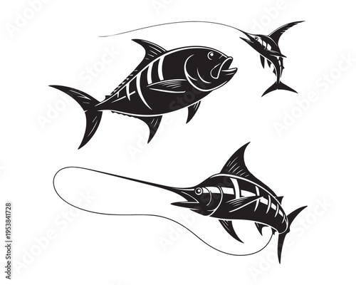 Black silhouette illustration of tuna and marlin fish with fishing line, dynamic ocean wildlife design perfect for sport fishing, marine life, and nautical themes
