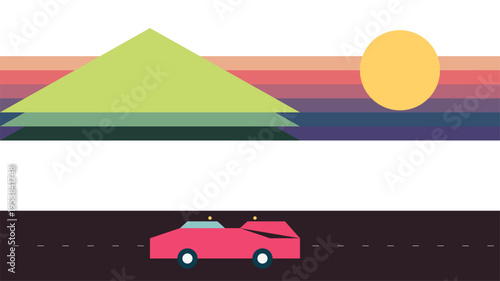 Abstract flat design illustration of a vibrant journey by car through a geometric landscape with stylized mountains and a colorful striped sunset vista