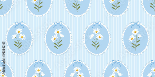 Seamless pattern with daisy bouquets in elegant lace-edged cameos with blue and bow on blue striped background, vintage cottagecore aesthetic for nursery decor, textile, gift wrap.